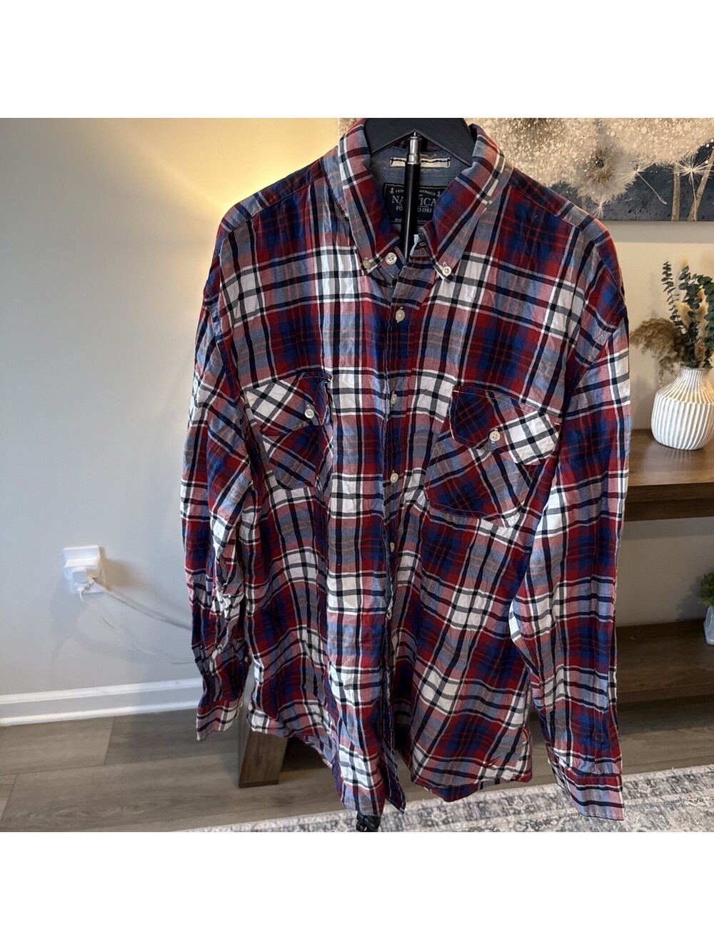 Nautica Men’s Red White Blue Button Up Long Sleeve Size XL